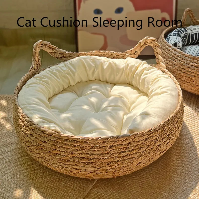 Handmade Woven Rattan Cat Bed | Washable, All-Season, Cozy & Stylish Nest