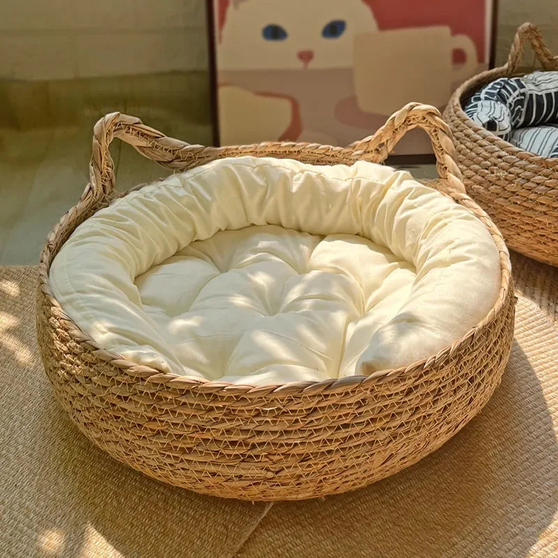 Handmade Woven Rattan Cat Bed | Washable, All-Season, Cozy & Stylish Nest