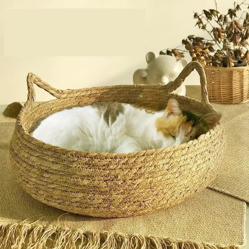Handmade Woven Rattan Cat Bed | Washable, All-Season, Cozy & Stylish Nest